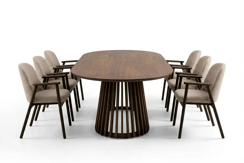 Spisegruppe Bark Peyra ovalt spisebord 200 cm mørkebrunt med 6 Reciclar spisestoler Valnøtt|Greige, undefined