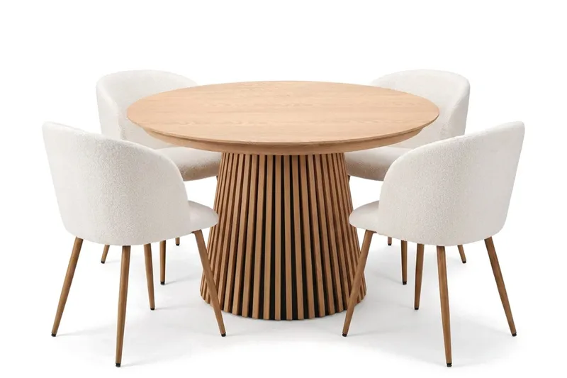 Spisegruppe Bark Peyra 120-220 cm Eik Hvit bouclé/Metallben brun, undefined