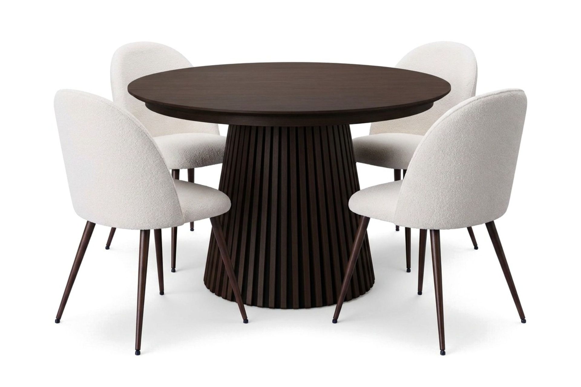 Spisegruppe Bark Peyra 120–220 cm Røkt eik Hvit bouclé/metallben valnøtt -