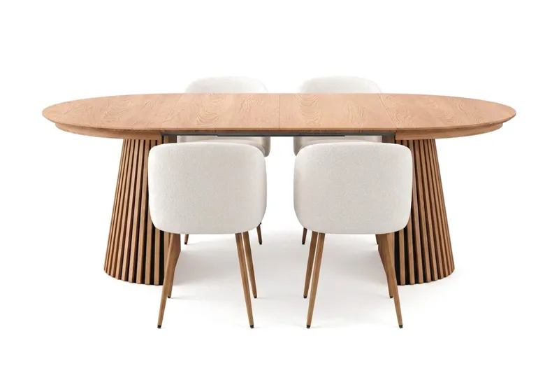 Spisegruppe Bark Peyra 120-220 cm Eik Hvit bouclé/Metallben brun - Møbler - Bord - Spisegrupper