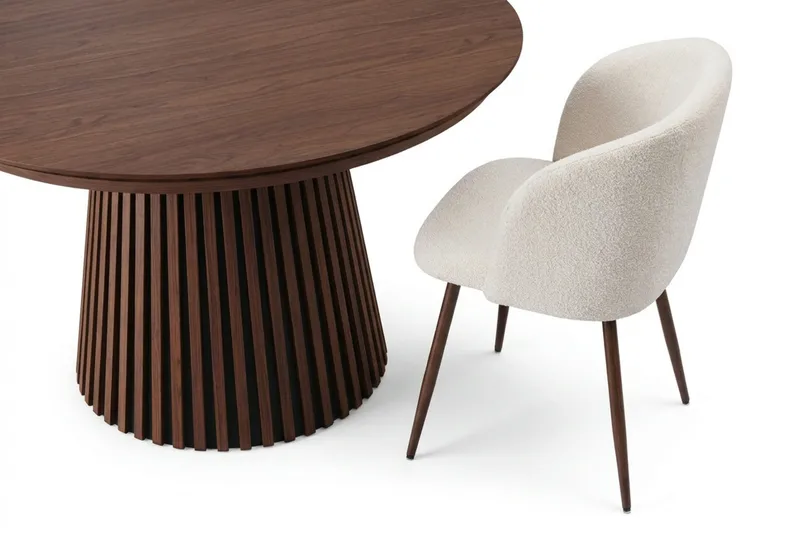 Spisegruppe Bark Peyra 120-220 cm Valnøtt Hvit bouclé/Metallben valnøtt - Møbler - Bord - Spisegrupper
