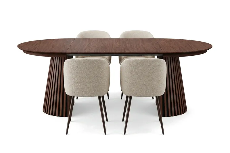 Spisegruppe Bark Peyra 120-220 cm Valnøtt Hvit bouclé/Metallben valnøtt - Møbler - Bord - Spisegrupper