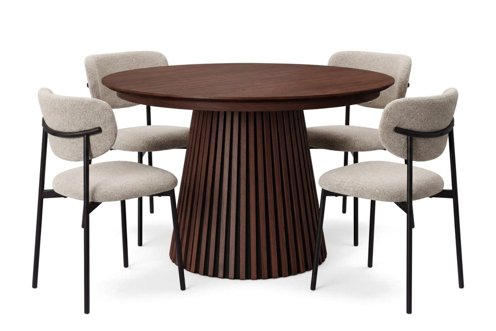 Spisegruppe Bark Peyra 120–220 cm Valnøtt Greige bouclé/metallben svart -