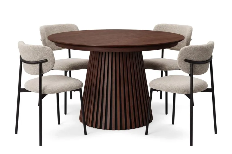 Spisegruppe Bark Peyra 120–220 cm Valnøtt Greige bouclé/metallben svart