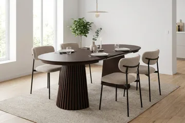 Spisegruppe Bark Peyra 120–220 cm Røkt eik Greige bouclé/metallben svart - Møbler - Bord - Spisegrupper