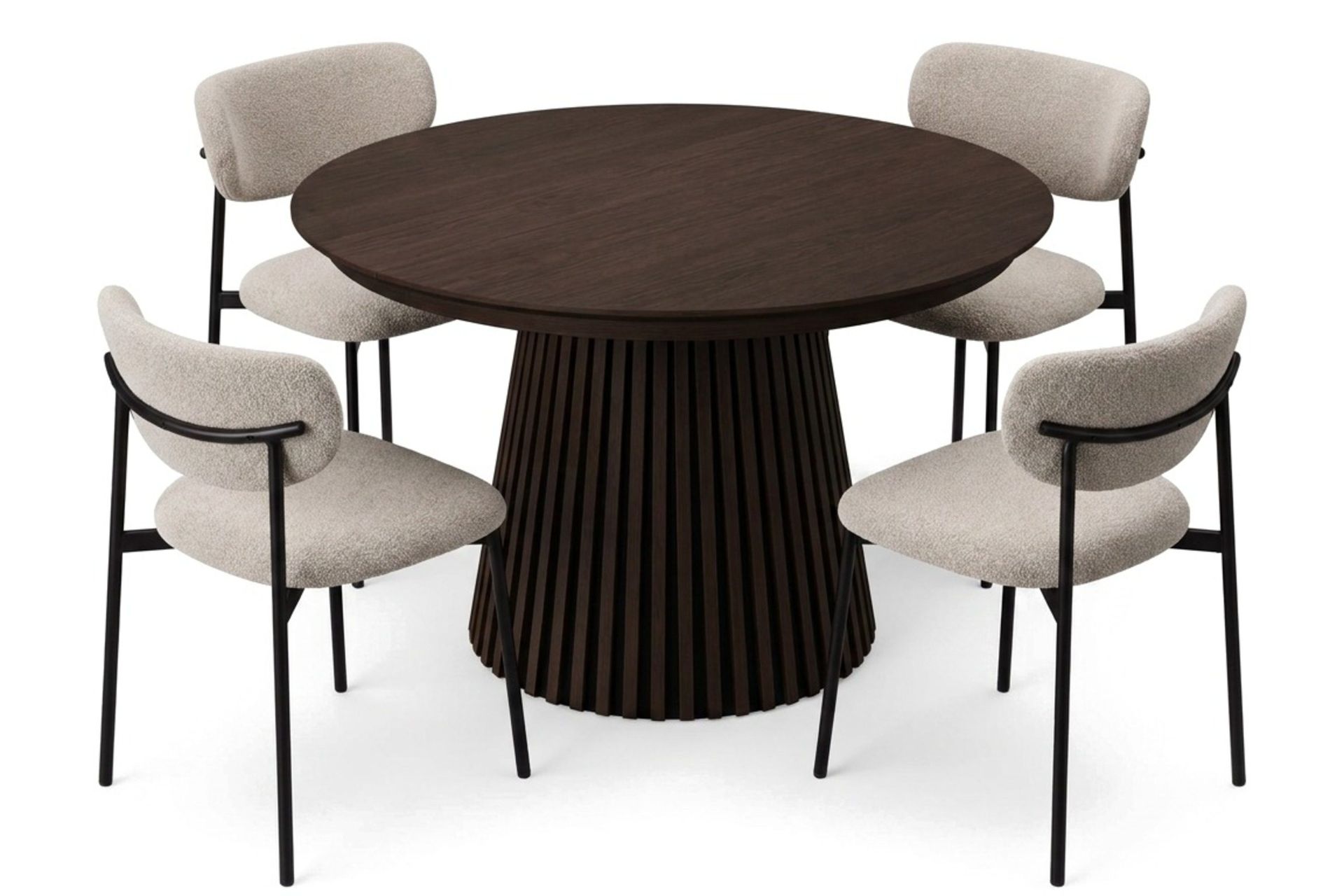 Spisegruppe Bark Peyra 120–220 cm Røkt eik Greige bouclé/metallben svart -