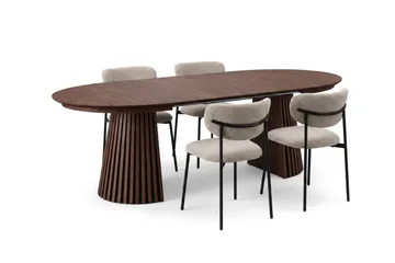 Spisegruppe Bark Peyra 120–220 cm Valnøtt Greige bouclé/metallben svart - Møbler - Bord - Spisegrupper
