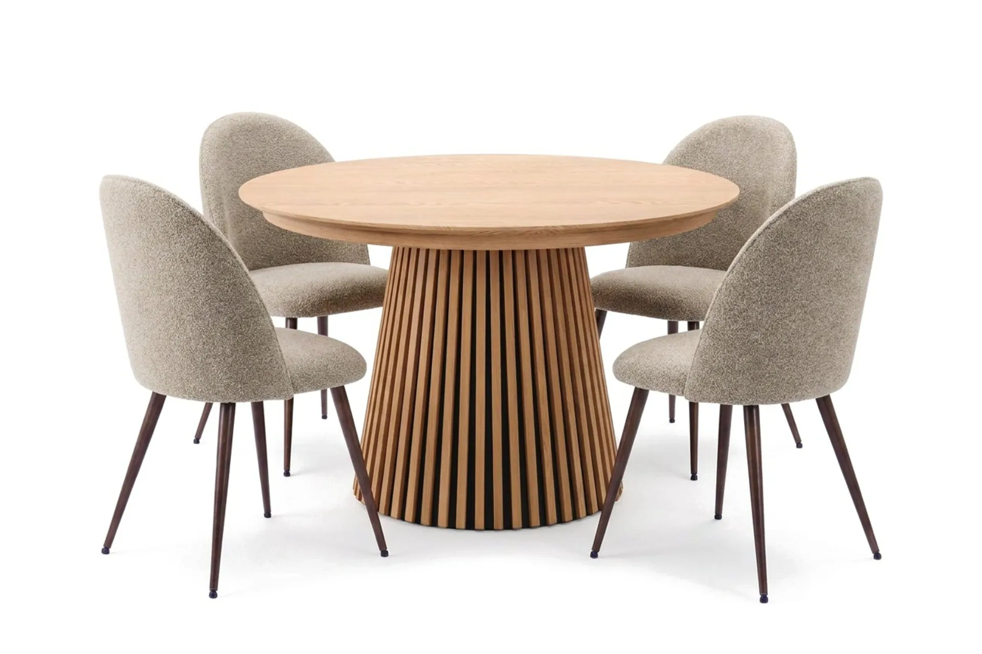 Spisegruppe Bark Peyra 120–220 cm Eik Greige bouclé/metallben valnøtt -