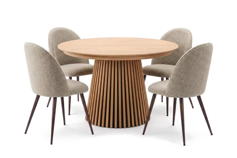 Spisegruppe Bark Peyra 120-220 cm Eik Greige bouclé/Metallben Valnøtt, undefined