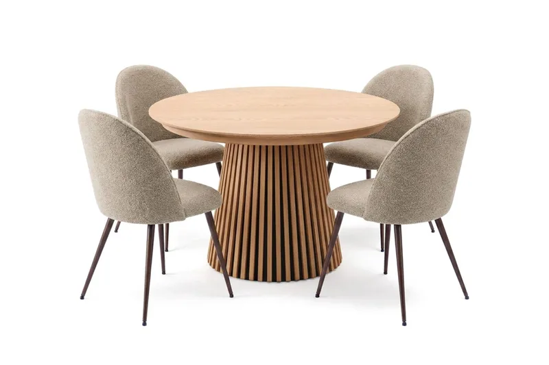 Spisegruppe Bark Peyra 120-220 cm Eik Greige bouclé/Metallben Valnøtt - Møbler - Bord - Spisegrupper