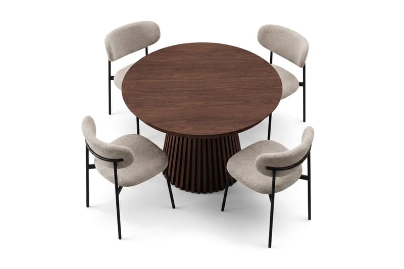 Spisegruppe Bark Peyra 120–220 cm Valnøtt Greige bouclé/metallben svart - Møbler - Bord - Spisegrupper