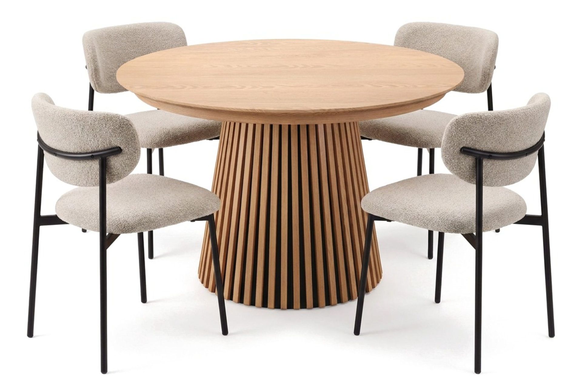 Spisegruppe Bark Peyra 120–220 cm Eik Greige bouclé/metallben svart -