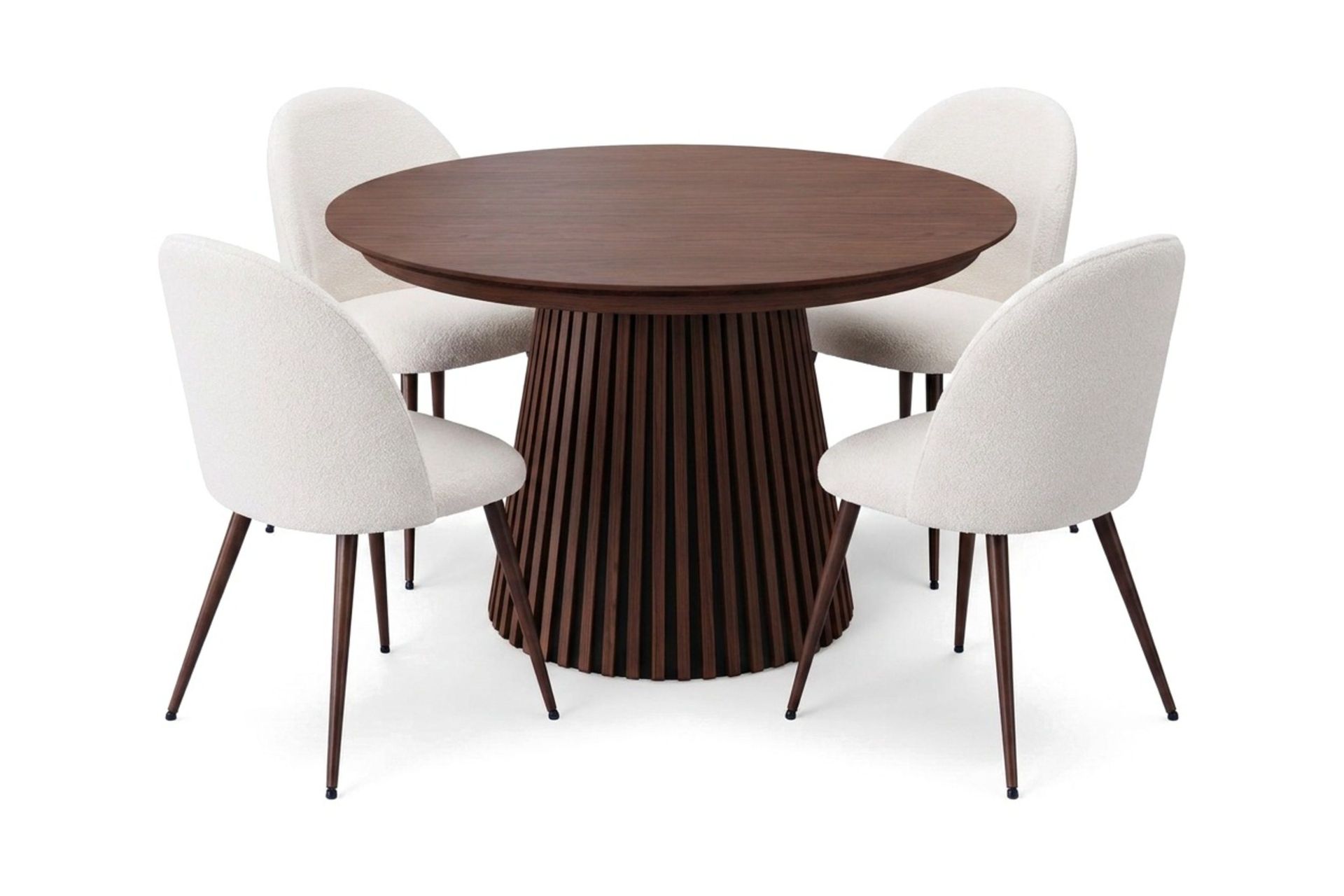 Spisegruppe Bark Peyra 120–220 cm Valnøtt Hvit bouclé/metallben valnøtt -