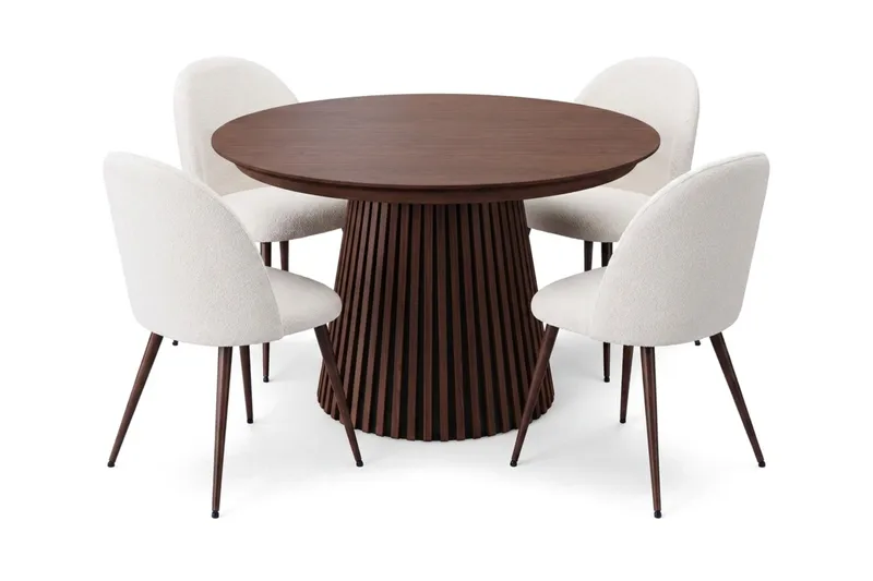 Spisegruppe Bark Peyra 120–220 cm Valnøtt Hvit bouclé/metallben valnøtt