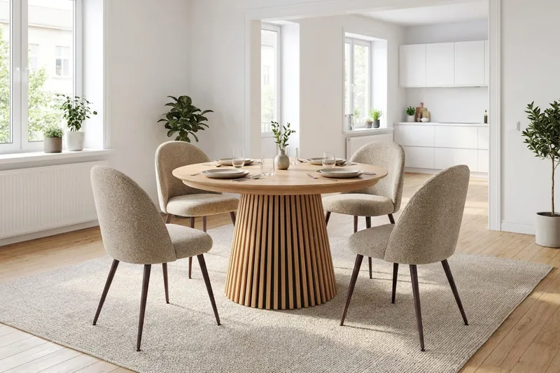Spisegruppe Bark Peyra 120-220 cm Eik Greige bouclé/Metallben Valnøtt - Møbler - Bord - Spisegrupper
