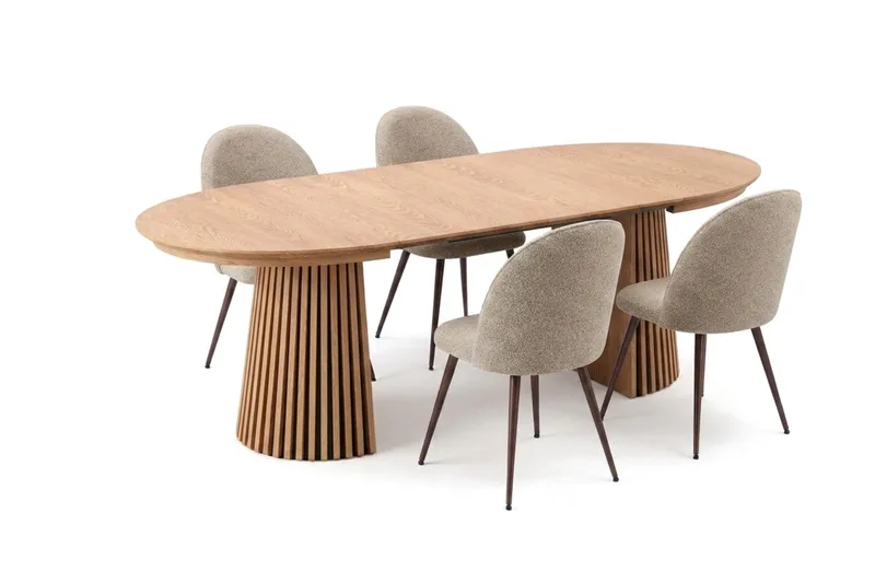 Spisegruppe Bark Peyra 120-220 cm Eik Greige bouclé/Metallben Valnøtt - Møbler - Bord - Spisegrupper
