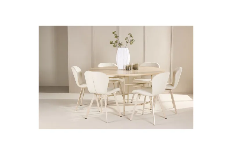 Spisegruppe Copenhagen Rund 140 cm Hvit/Beige med 6 Lilja-stoler - Møbler - Bord - Spisegrupper