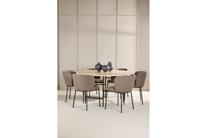 Spisegruppe Copenhagen Rund 140 cm Hvit/Svart med 6 Edina-stoler Svart / Brun - Svart / Brun - Møbler - Bord - Spisegrupper