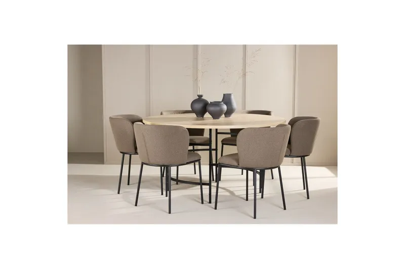 Spisegruppe Copenhagen Rund 140 cm Hvit/Svart med 6 Edina-stoler Svart / Brun - Svart / Brun - Møbler - Bord - Spisegrupper