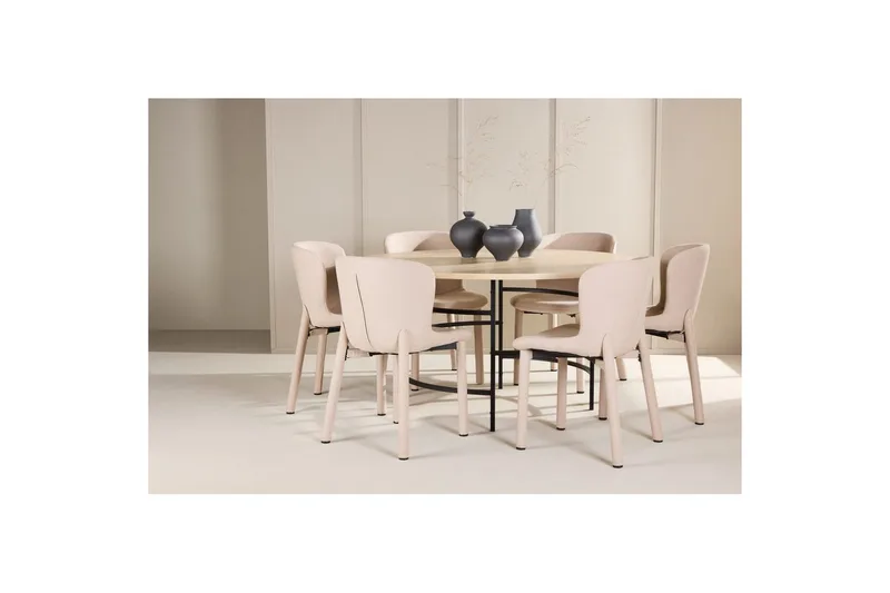 Spisegruppe Copenhagen Rund 140 cm med 6 Astoria-stoler Hvit / Svart, Beige - Hvit / Svart, Beige - Møbler - Bord - Spisegrupper