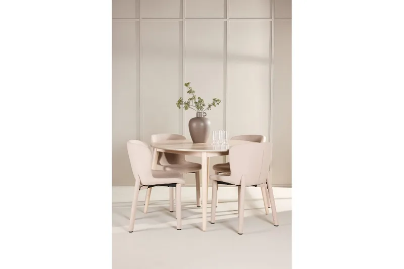 Spisegruppe Flora Rund 120 cm Hvit med 4 stk Astoria stoler Beige - Beige - Møbler - Bord - Spisegrupper