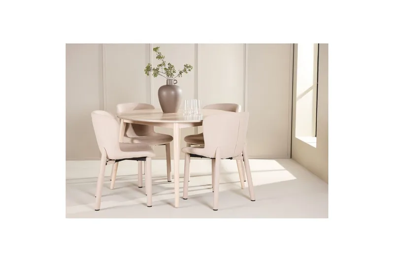 Spisegruppe Flora Rund 120 cm Hvit med 4 stk Astoria stoler Beige - Beige - Møbler - Bord - Spisegrupper