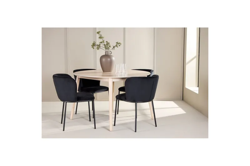 Spisegruppe Flora Rund 120 cm Hvit med 4 stk Edina stoler Svart - Svart - Møbler - Bord - Spisegrupper