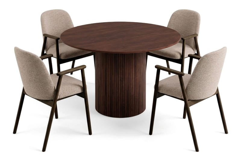 Spisegruppe Kopparbo 110 cm Valnøtt Mørkebrun/Greige Rund 4, Valnøtt
