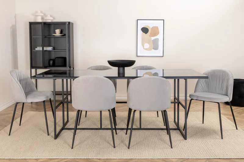 Spisegruppe Leria 200 cm inkl. 6 Foyos stoler, Glass/Svart/Grå