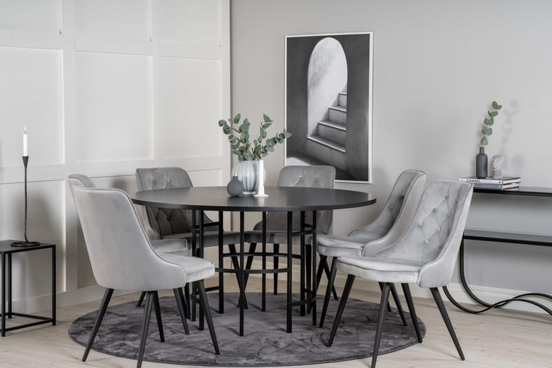 Spisegruppe Möbelfashion Copenhagen spisegruppe 140 cm rund med 6 Velvet Deluxe-stoler Svart/Lys grå - Møbler - Bord - Spisegrupper