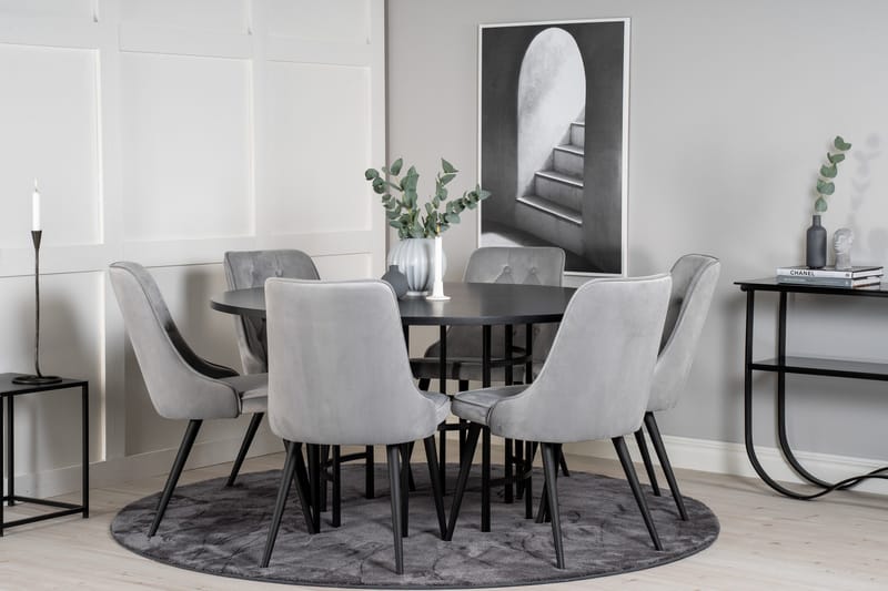 Spisegruppe Möbelfashion Copenhagen spisegruppe 140 cm rund med 6 Velvet Deluxe-stoler Svart/Lys grå - Møbler - Bord - Spisegrupper