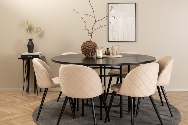 Spisegruppe Möbelfashion Copenhagen spisegruppe 140 cm rund med 6 Velvet-stoler Beige/svart2 - Møbler - Bord - Spisegrupper