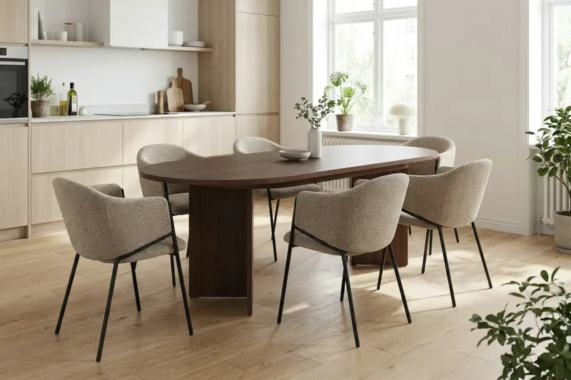 Spisegruppe Nordure Dano uttrekkbart spisebord 160–200 cm med 6 Filip spisestoler Greige - Møbler - Bord - Spisegrupper