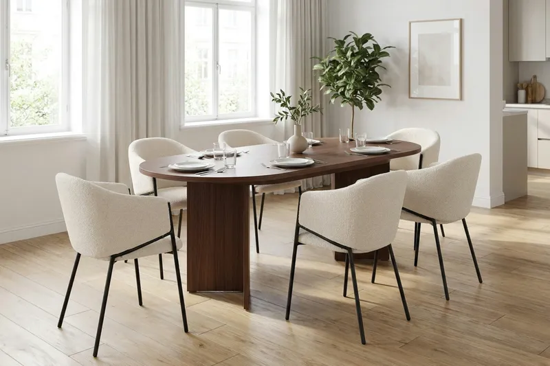 Spisegruppe Nordure Dano uttrekkbart spisebord 160–200 cm med 6 Filip spisestoler Vit - Møbler - Bord - Spisegrupper