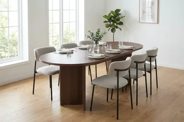 Spisegruppe Nordure Dano uttrekkbart spisebord 160–200 cm med 6 Lucy spisestoler Greige - Valnøtt - Møbler - Bord - Spisegrupper