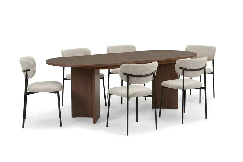 Spisegruppe Nordure Dano uttrekkbart spisebord 160–200 cm med 6 Lucy spisestoler Greige - Møbler - Bord - Spisegrupper