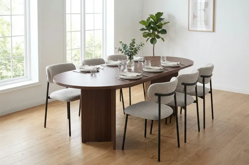Spisegruppe Nordure Dano uttrekkbart spisebord 160–200 cm med 6 Lucy spisestoler Greige - Møbler - Bord - Spisegrupper