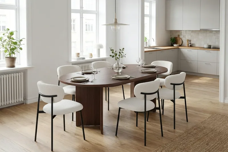 Spisegruppe Nordure Dano uttrekkbart spisebord 160–200 cm med 6 Lucy spisestoler Vit - Møbler - Bord - Spisegrupper