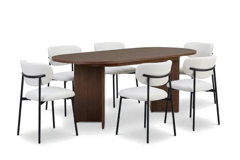 Spisegruppe Nordure Dano uttrekkbart spisebord 160–200 cm med 6 Lucy spisestoler Vit - Møbler - Bord - Spisegrupper