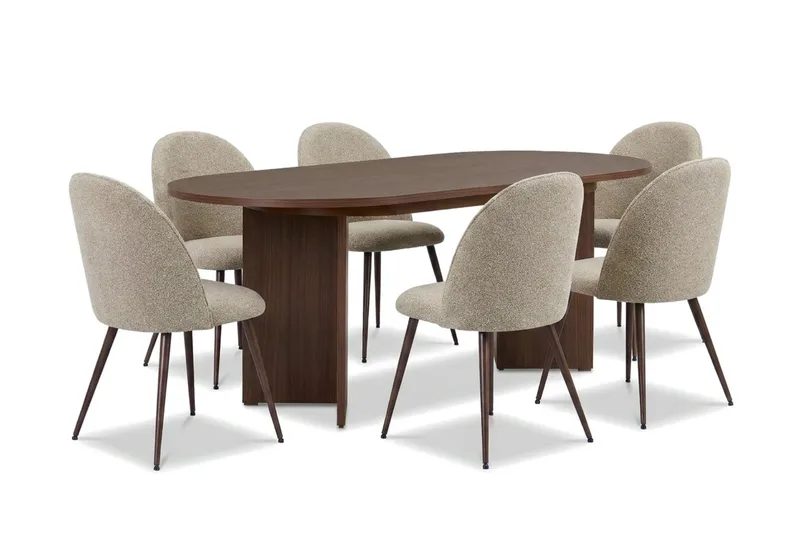 Spisegruppe Nordure Dano uttrekkbart spisebord 160–200 cm med 6 Nibe Plus spisestoler Greige, undefined
