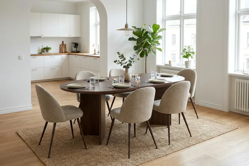 Spisegruppe Nordure Dano uttrekkbart spisebord 160–200 cm med 6 Nibe Plus spisestoler Greige - Møbler - Bord - Spisegrupper