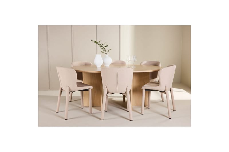 Spisegruppe Strada Rund 120/170 cm Hvit med Astoria Stoler 6 stk, Beige - 6 stk, Beige - Møbler - Bord - Spisegrupper