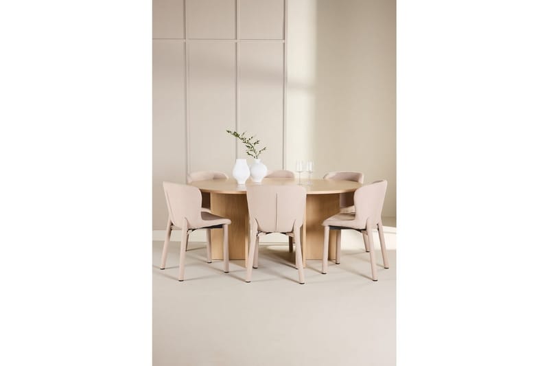 Spisegruppe Strada Rund 120/170 cm Hvit med Astoria Stoler 6 stk, Beige - 6 stk, Beige - Møbler - Bord - Spisegrupper