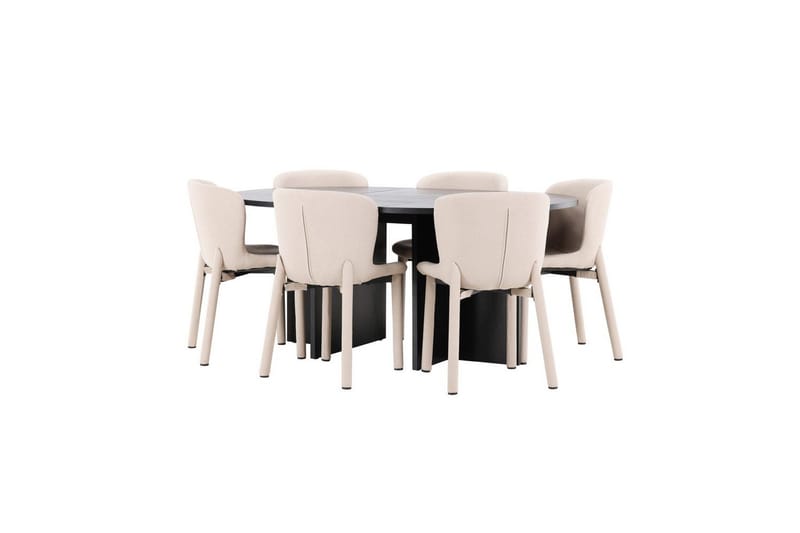 Spisegruppe Strada Rundt 120/170 cm Svart med Astoria Stoler 6 stk, Beige - 6 stk, Beige - Møbler - Bord - Spisegrupper