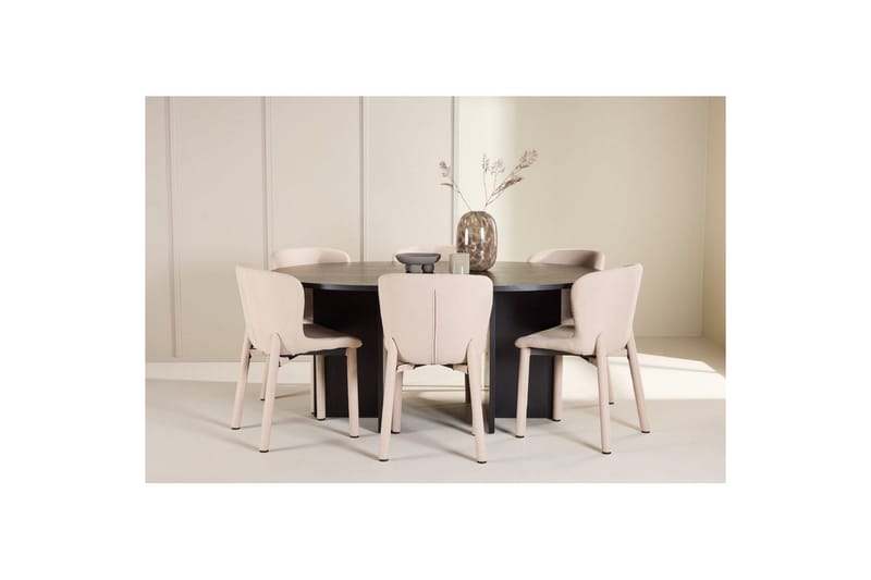 Spisegruppe Strada Rundt 120/170 cm Svart med Astoria Stoler 6 stk, Beige - 6 stk, Beige - Møbler - Bord - Spisegrupper
