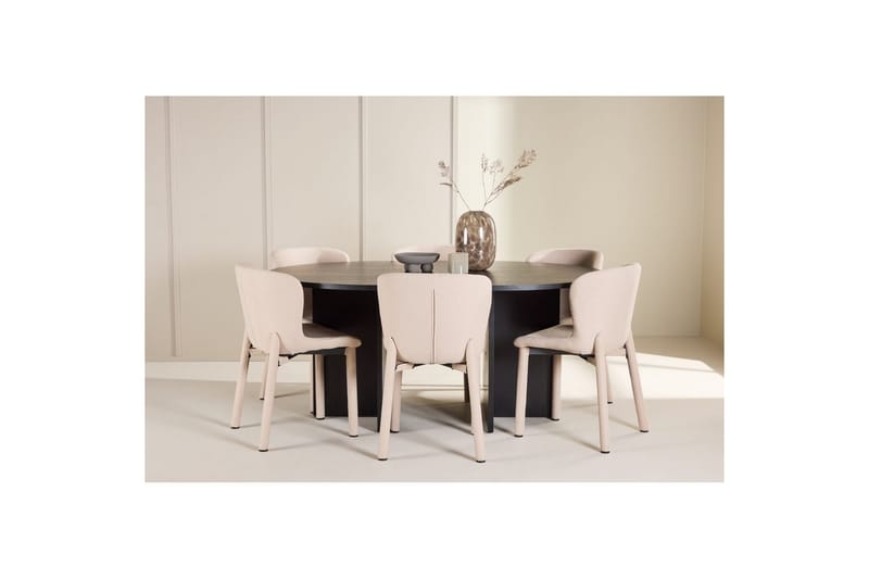 Spisegruppe Strada Rundt 120/170 cm Svart med Astoria Stoler 6 stk, Beige - 6 stk, Beige - Møbler - Bord - Spisegrupper