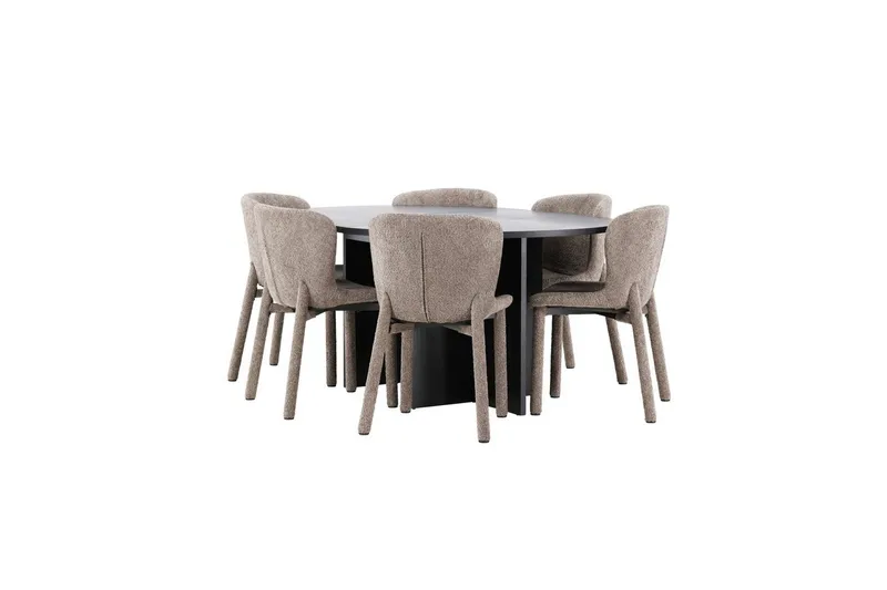 Spisegruppe Strada Rundt 120/170 cm Svart med Astoria Stoler 6 stk, Brun - 6 stk, Brun - Møbler - Bord - Spisegrupper