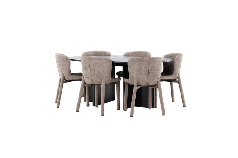 Spisegruppe Strada Rundt 120/170 cm Svart med Astoria Stoler 6 stk, Brun - 6 stk, Brun - Møbler - Bord - Spisegrupper