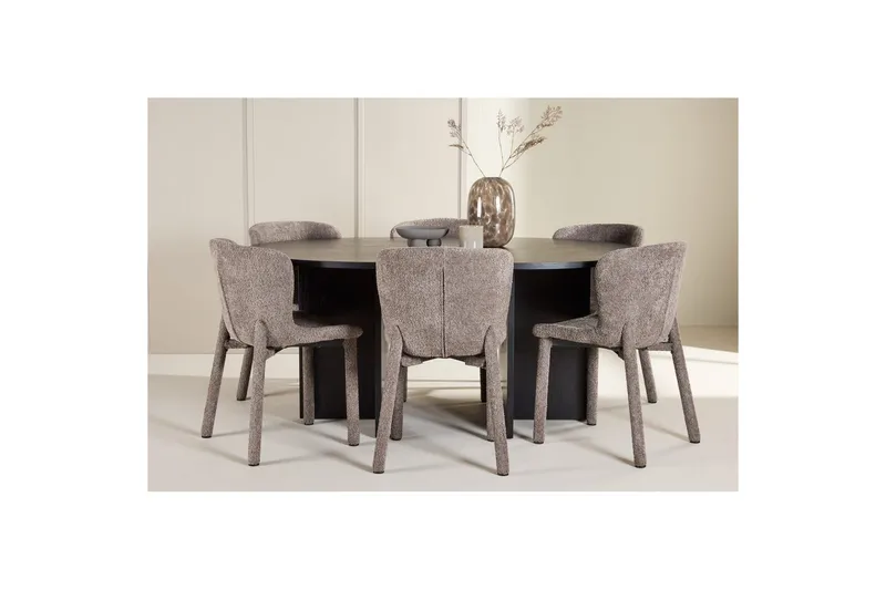 Spisegruppe Strada Rundt 120/170 cm Svart med Astoria Stoler 6 stk, Brun - 6 stk, Brun - Møbler - Bord - Spisegrupper