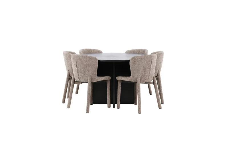 Spisegruppe Strada Rundt 120/170 cm Svart med Astoria Stoler 6 stk, Brun - 6 stk, Brun - Møbler - Bord - Spisegrupper